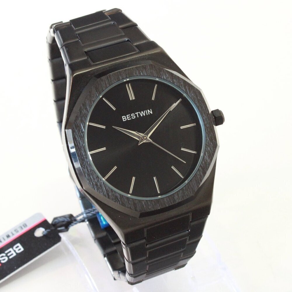 Men's Sports Watch Integrated Bracelet Blacked Out Quartz 41.5mm - Picture 2 of 13